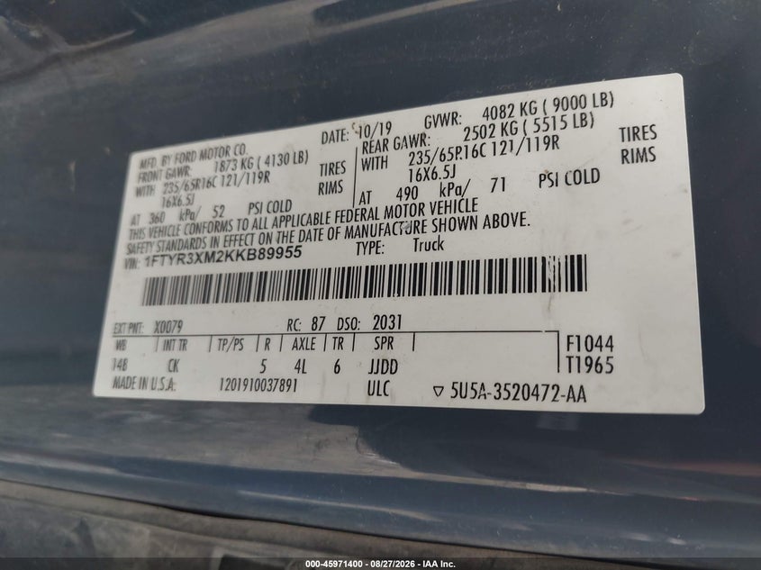 2019 FORD TRANSIT VAN 3.7L V-6 DOHC, VVT, REGULAR , 275HP