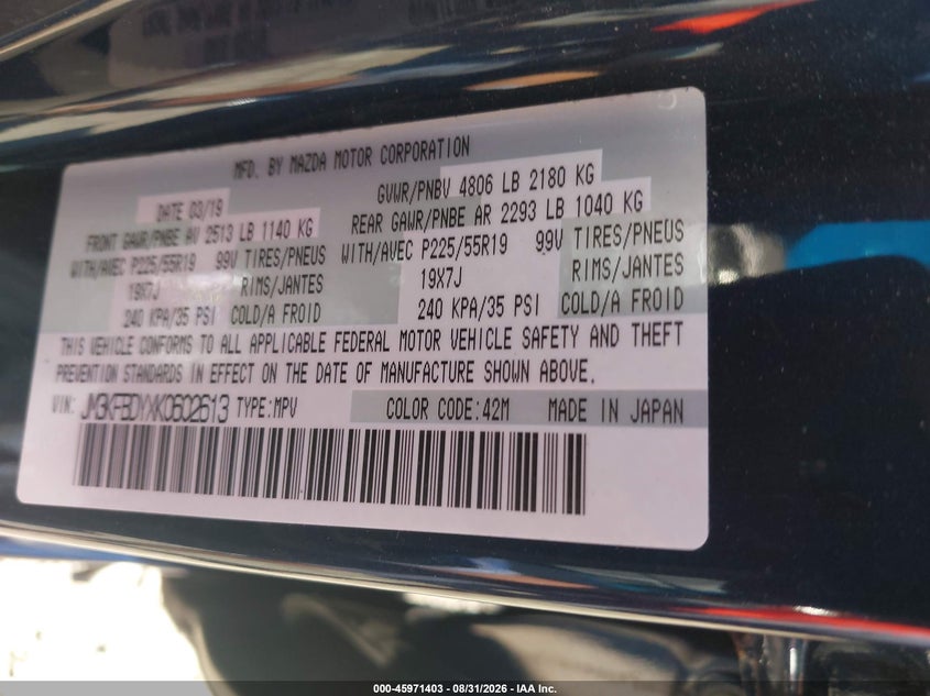 MAZDA CX-5 2019 VIN JM3KFBDYXK0602613
