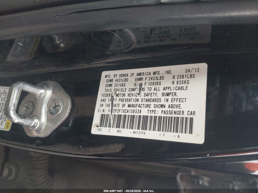 HONDA ACCORD 2012 VIN 1HGCP2F7XCA156538