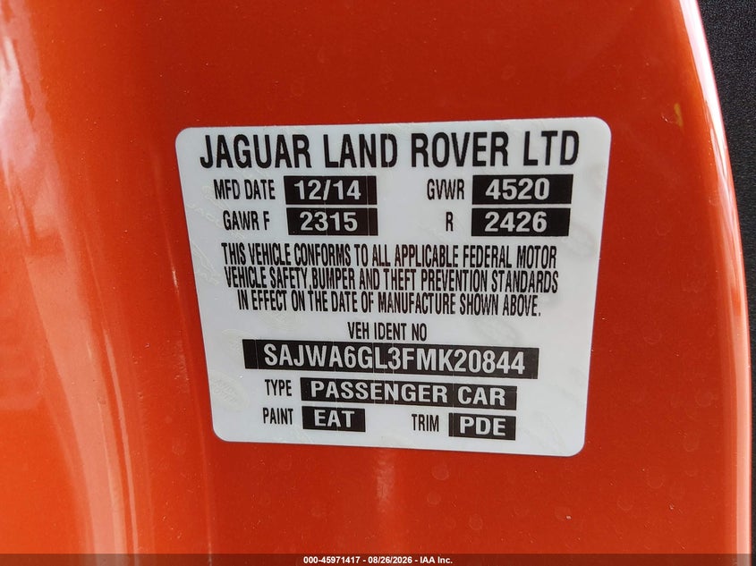 JAGUAR F-TYPE 2015 VIN SAJWA6GL3FMK20844