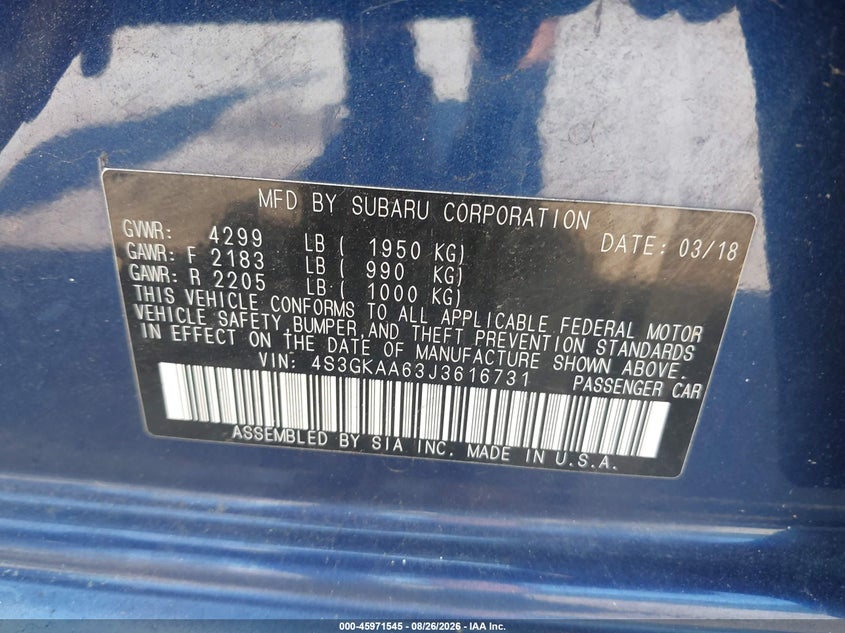 SUBARU IMPREZA 2018 VIN 4S3GKAA63J3616731