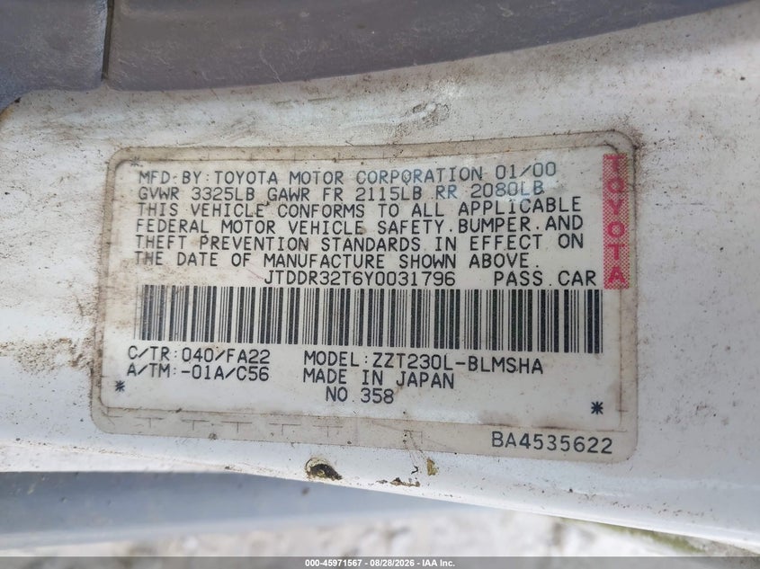 TOYOTA CELICA 2000 VIN JTDDR32T6Y0031796