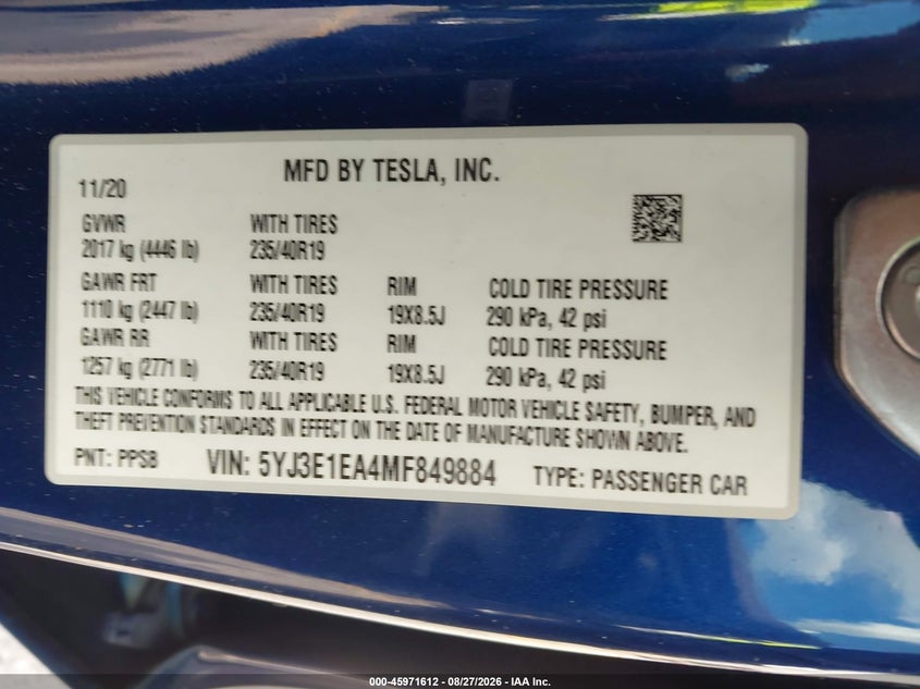 TESLA MODEL 3 2021 VIN 5YJ3E1EA4MF849884