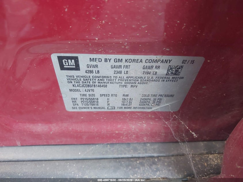 BUICK ENCORE 2015 VIN KL4CJCSB5FB146458