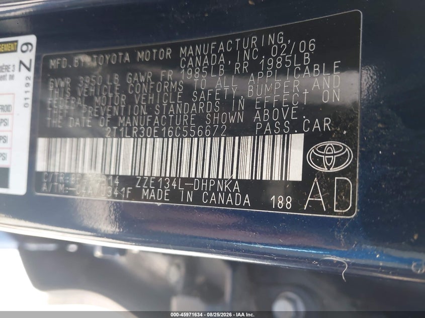 TOYOTA MATRIX 2006 VIN 2T1LR30E16C556672