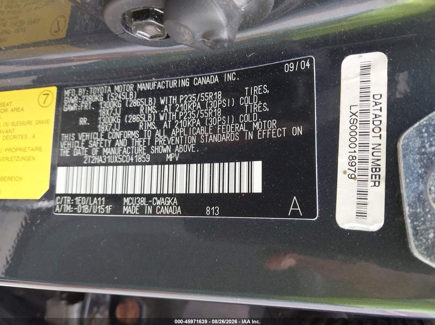 LEXUS RX 330 2005 VIN 2T2HA31UX5C041859