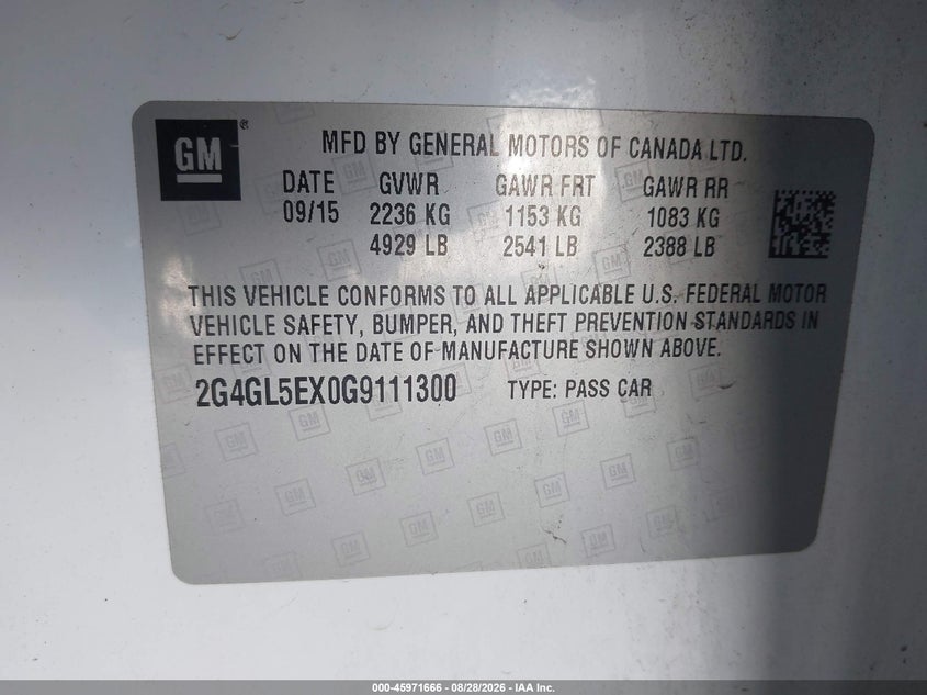 BUICK REGAL 2016 VIN 2G4GL5EX0G9111300