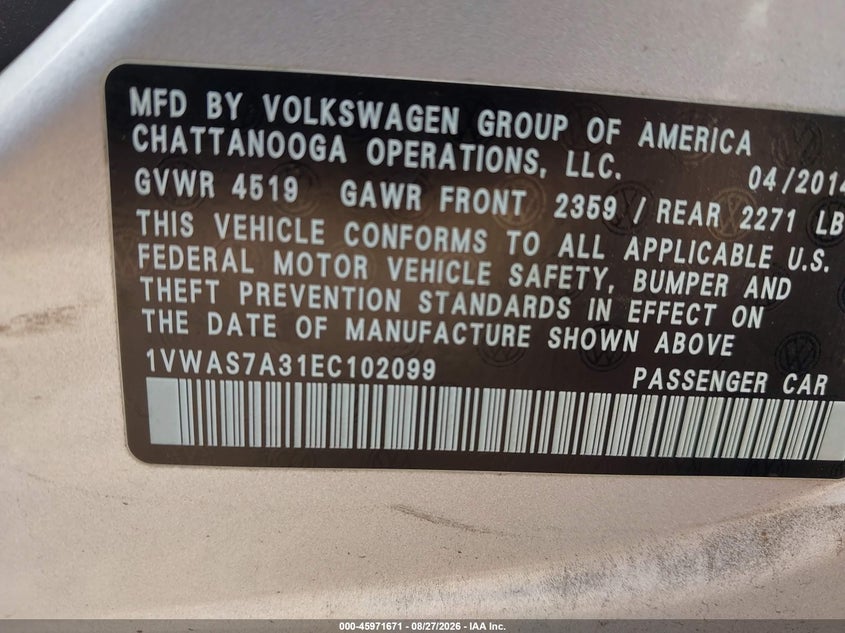 VOLKSWAGEN PASSAT 2014 VIN 1VWAS7A31EC102099