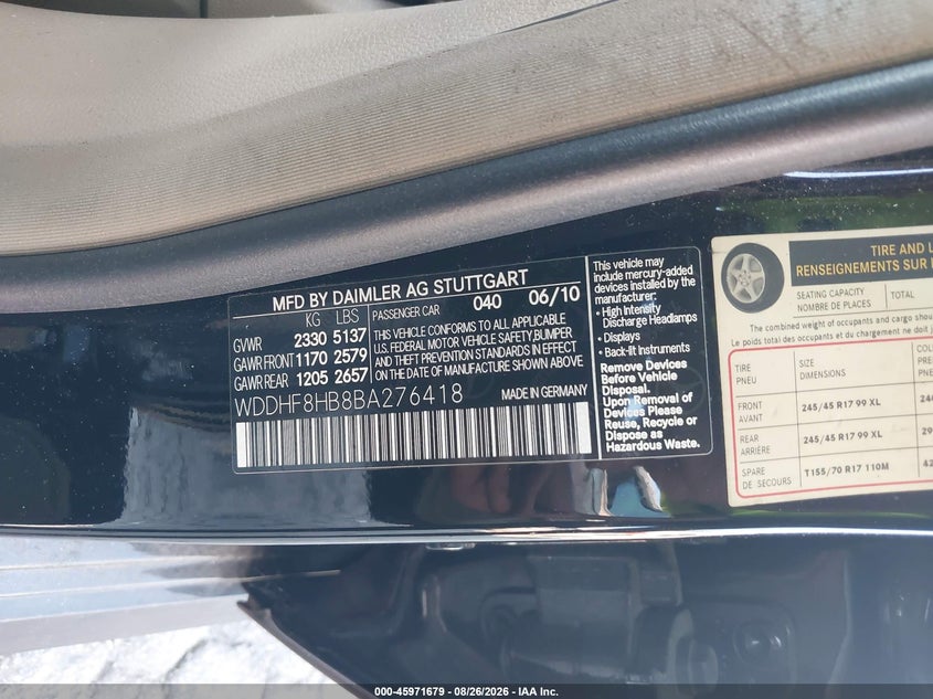 MERCEDES-BENZ E 350 2011 VIN WDDHF8HB8BA276418