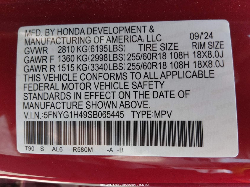 HONDA PILOT 2025 VIN 5FNYG1H49SB065445