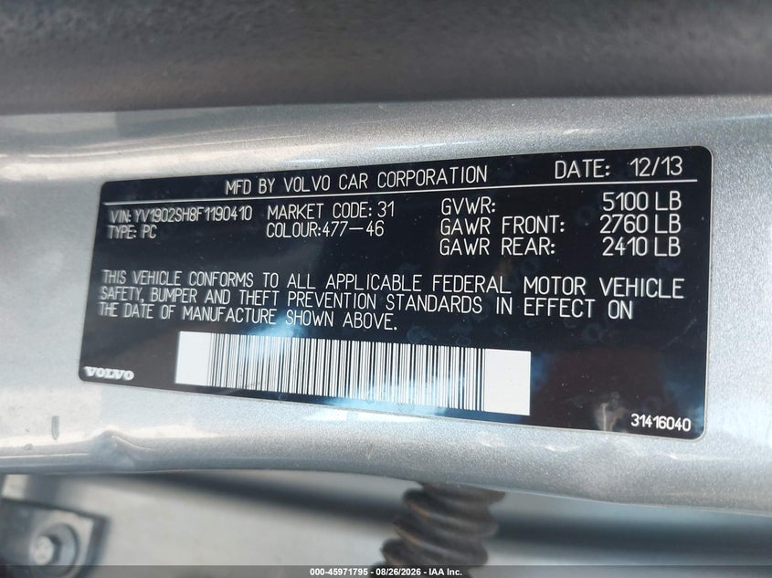 VOLVO V60 2015 VIN YV1902SH8F1190410