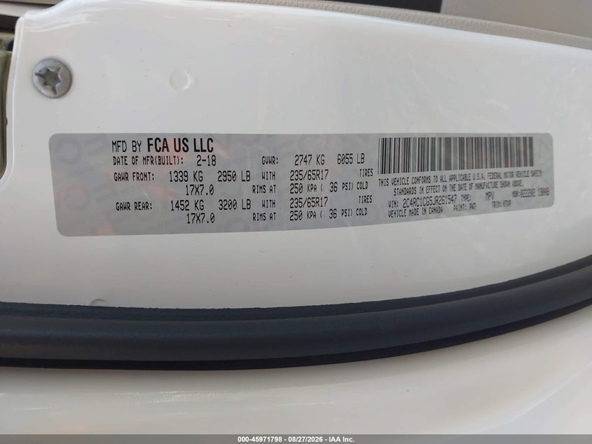 CHRYSLER PACIFICA 2018 VIN 2C4RC1CG5JR261547
