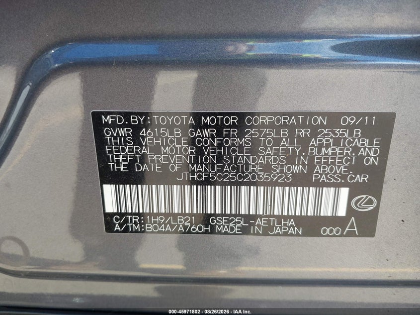 LEXUS IS 250 2012 VIN JTHCF5C25C2035923