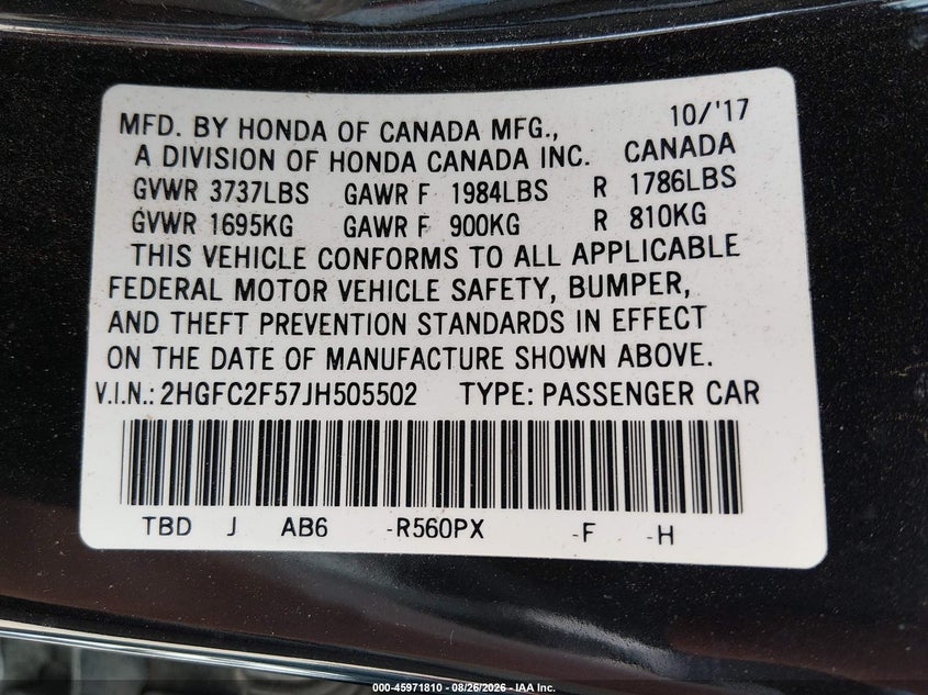 HONDA CIVIC 2018 VIN 2HGFC2F57JH505502