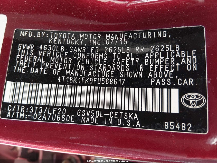 TOYOTA CAMRY 2015 VIN 4T1BK1FK9FU568617