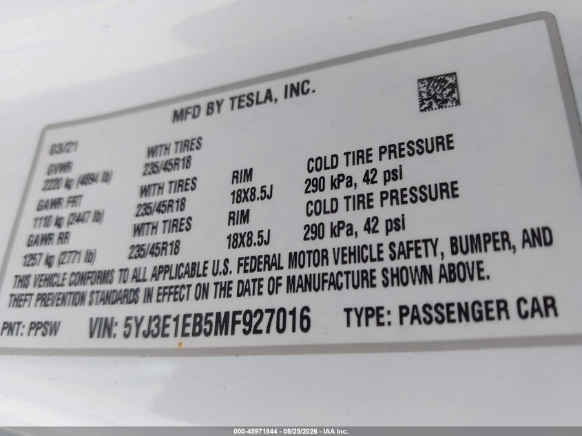 TESLA MODEL 3 2021 VIN 5YJ3E1EB5MF927016