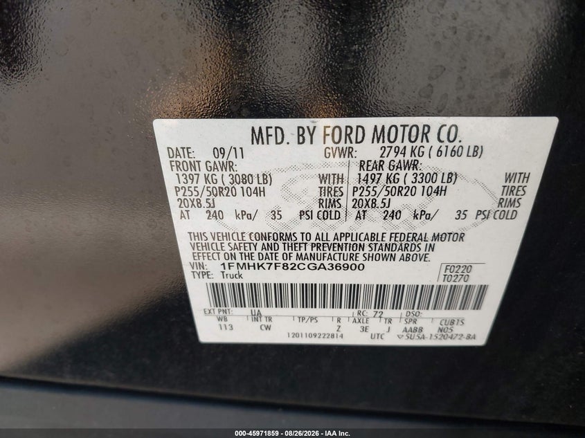 FORD EXPLORER 2012 VIN 1FMHK7F82CGA36900