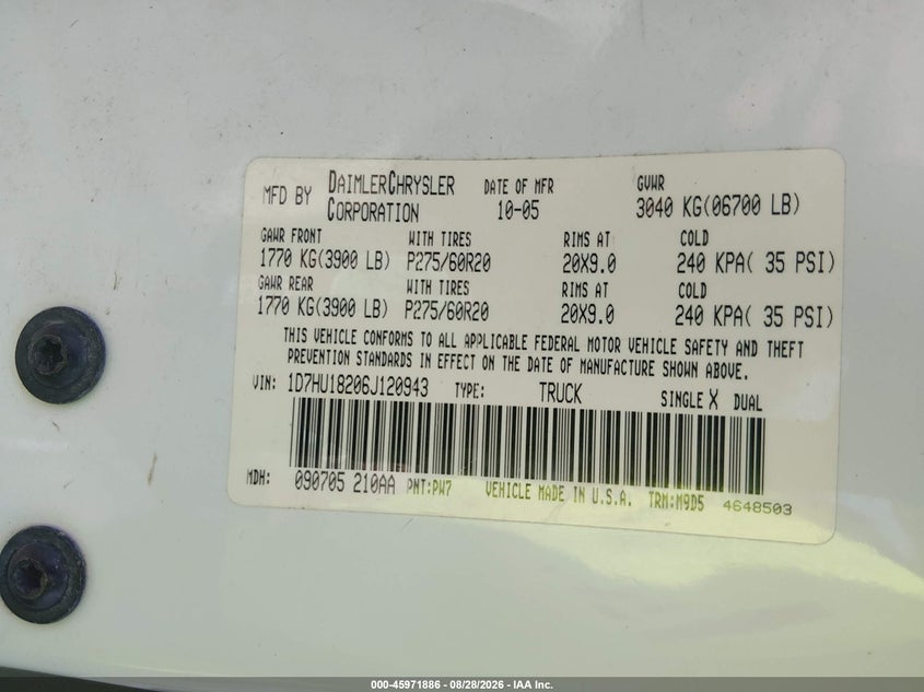 DODGE RAM 1500 2006 VIN 1D7HU18206J120943