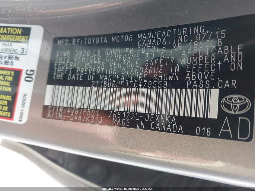 2015 TOYOTA COROLLA SEDAN 1.8L I-4 DOHC, VVT, 132HP