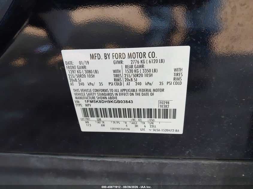 FORD EXPLORER 2019 VIN 1FM5K8DH9KGB03843