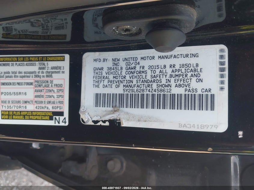 PONTIAC VIBE 2004 VIN 5Y2SL62874Z458612