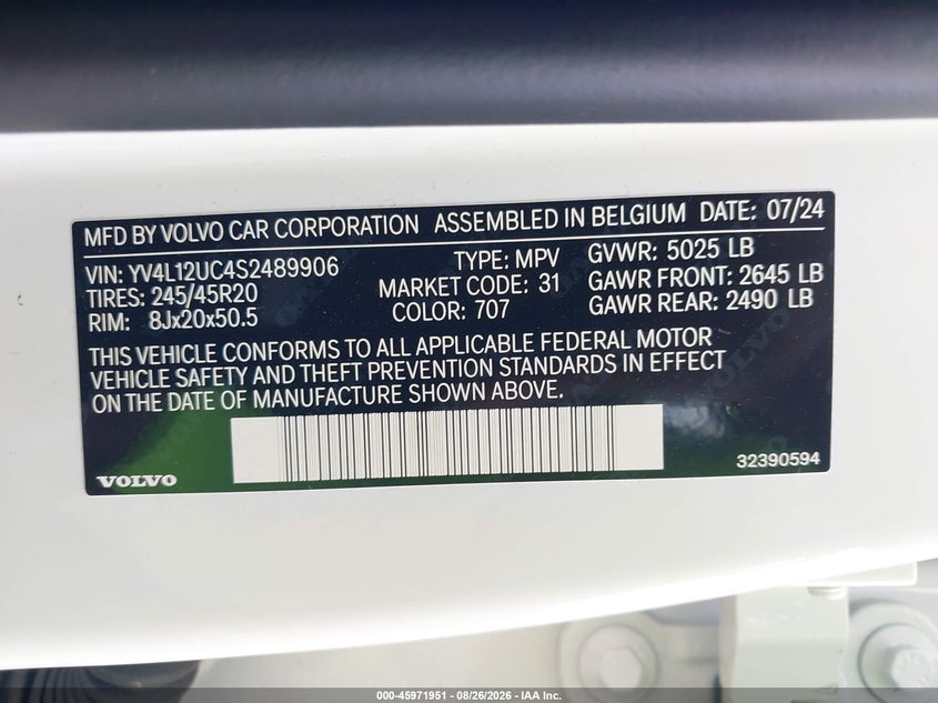 VOLVO XC40 2025 VIN YV4L12UC4S2489906
