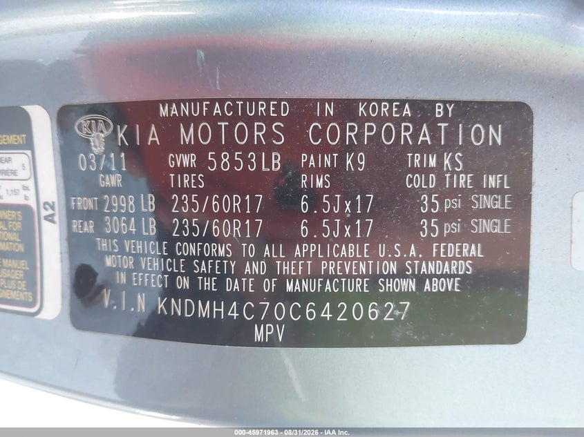 KIA SEDONA 2012 VIN KNDMH4C70C6420627