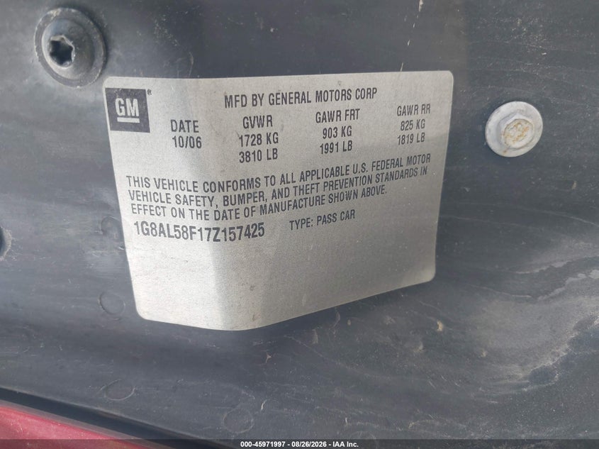 SATURN ION 2007 VIN 1G8AL58F17Z157425