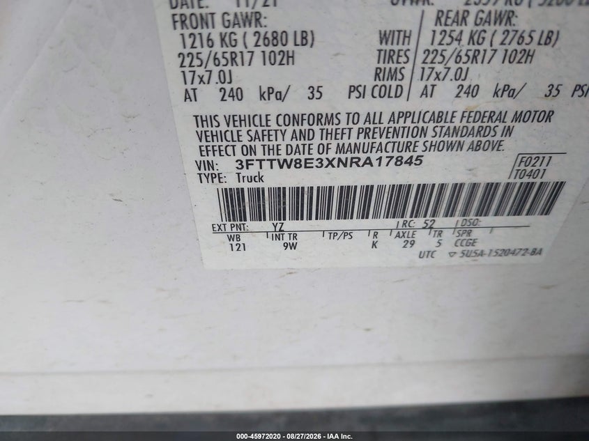 FORD MAVERICK 2022 VIN 3FTTW8E3XNRA17845