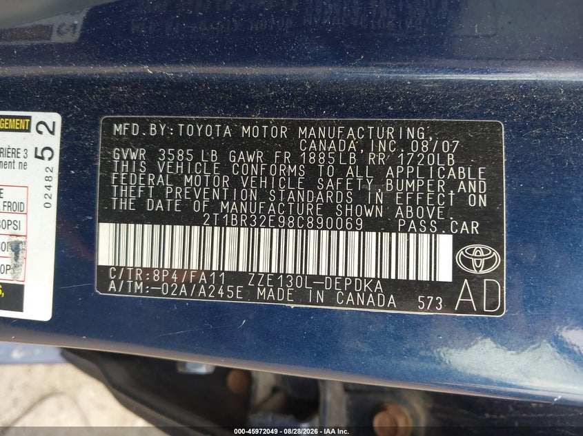 TOYOTA COROLLA 2008 VIN 2T1BR32E98C890069