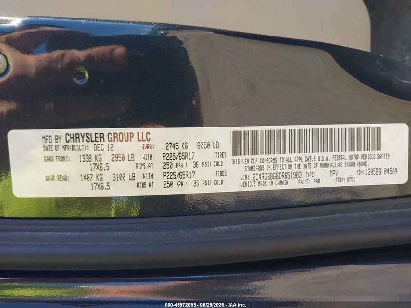 DODGE GRAND CARAVAN 2013 VIN 2C4RDGBG6DR651983