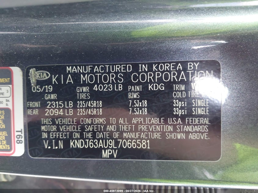 KIA SOUL 2020 VIN KNDJ63AU9L7066581