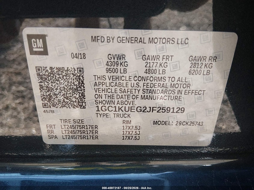 CHEVROLET SILVERADO 2500HD 2018 VIN 1GC1KUEG2JF259129