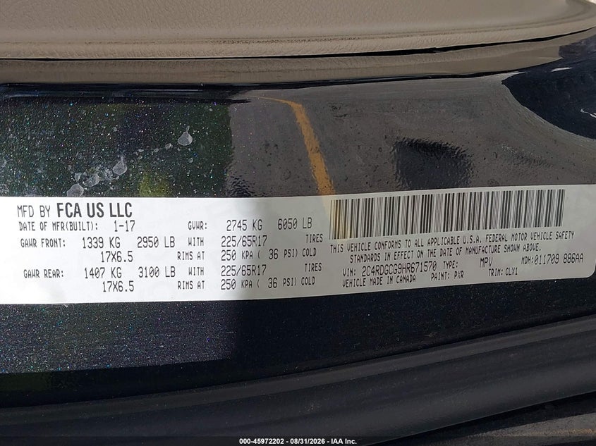 DODGE GRAND CARAVAN 2017 VIN 2C4RDGCG9HR671570