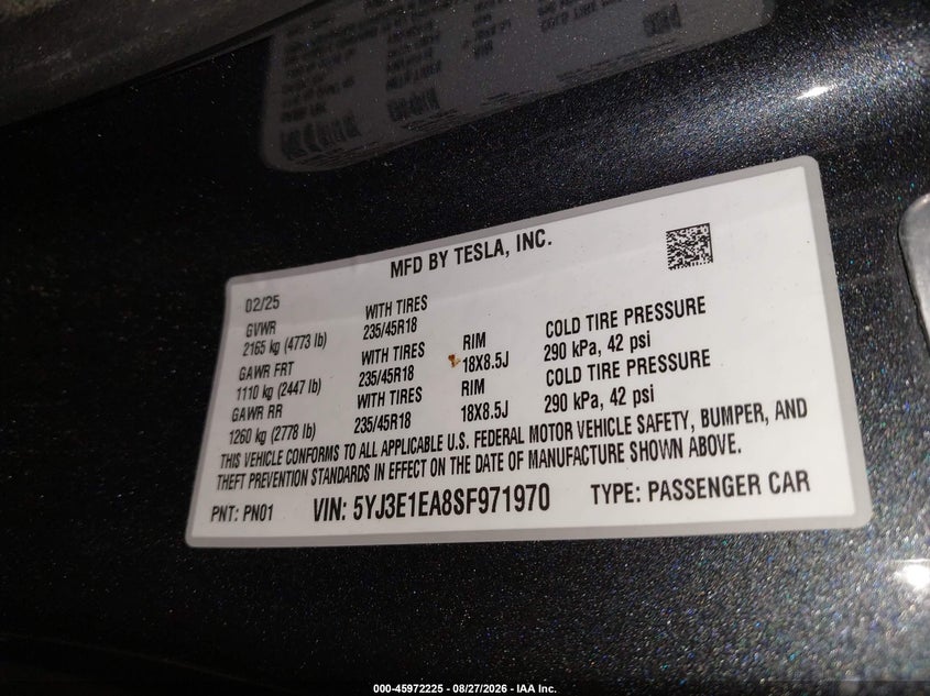 TESLA MODEL 3 2025 VIN 5YJ3E1EA8SF971970