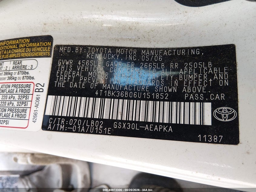 TOYOTA AVALON 2006 VIN 4T1BK36B06U151852