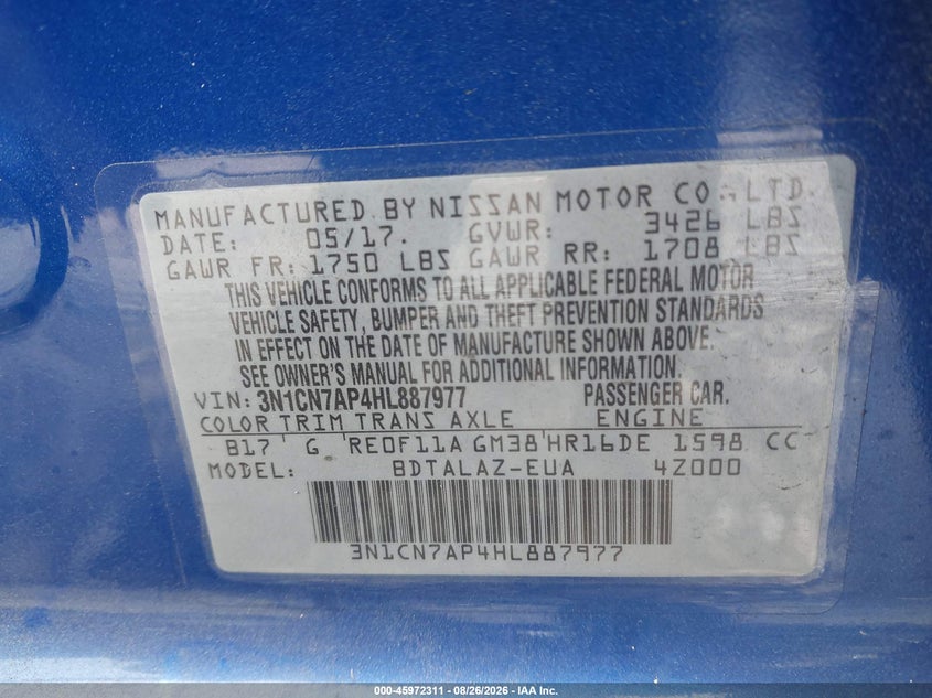 NISSAN VERSA 2017 VIN 3N1CN7AP4HL887977
