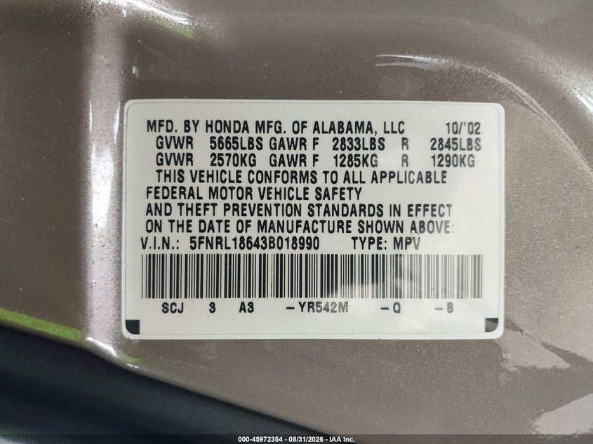 2003 HONDA ODYSSEY VAN 3.5L V-6 VVT, REGULAR , 240HP