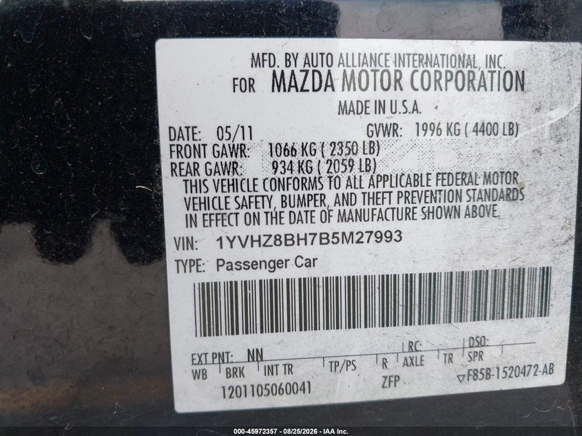 MAZDA MAZDA6 2011 VIN 1YVHZ8BH7B5M27993