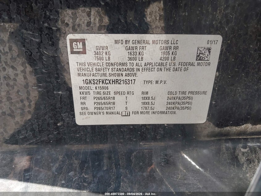 GMC YUKON XL 2017 VIN 1GKS2FKCXHR216317