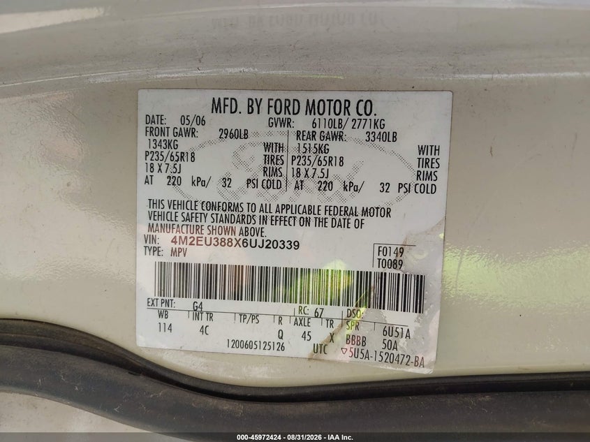 MERCURY MOUNTAINEER 2006 VIN 4M2EU388X6UJ20339