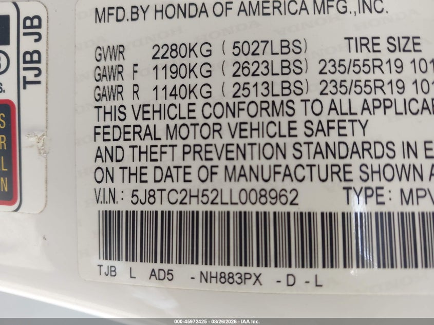 ACURA RDX 2020 VIN 5J8TC2H52LL008962
