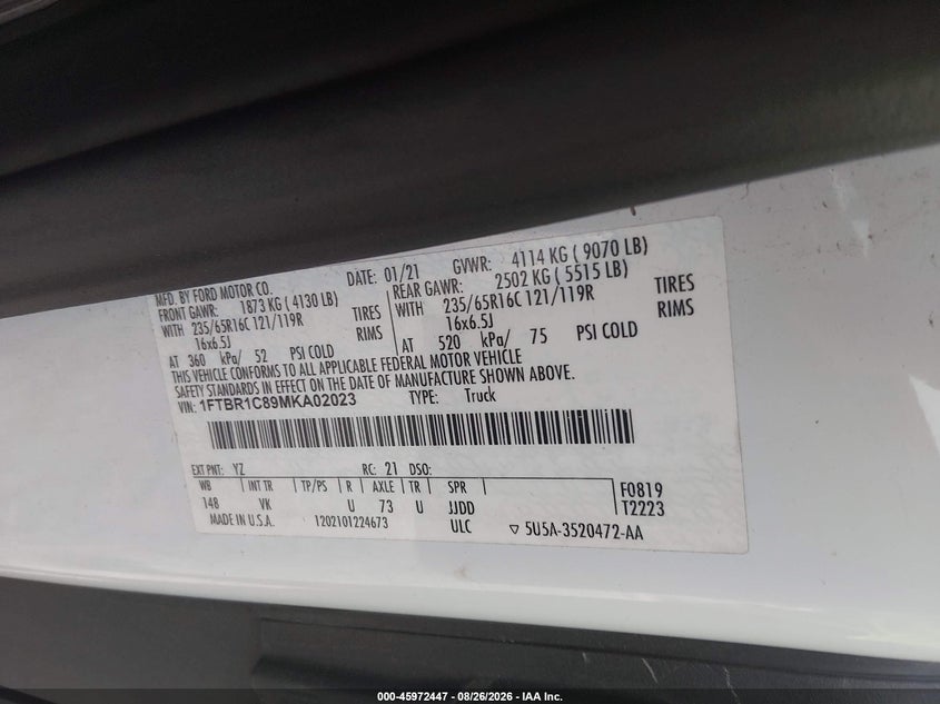 FORD TRANSIT-250 2021 VIN 1FTBR1C89MKA02023
