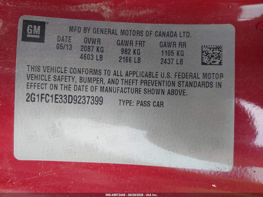 CHEVROLET CAMARO 2013 VIN 2G1FC1E33D9237399