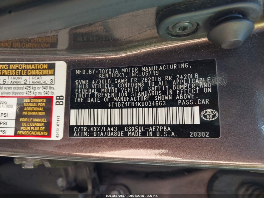 TOYOTA AVALON 2019 VIN 4T1BZ1FB1KU034663