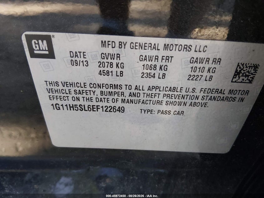 CHEVROLET MALIBU 2014 VIN 1G11H5SL6EF122649