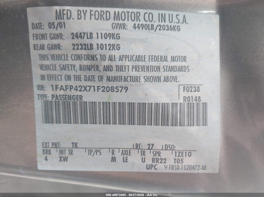 FORD MUSTANG 2001 VIN 1FAFP42X71F208579