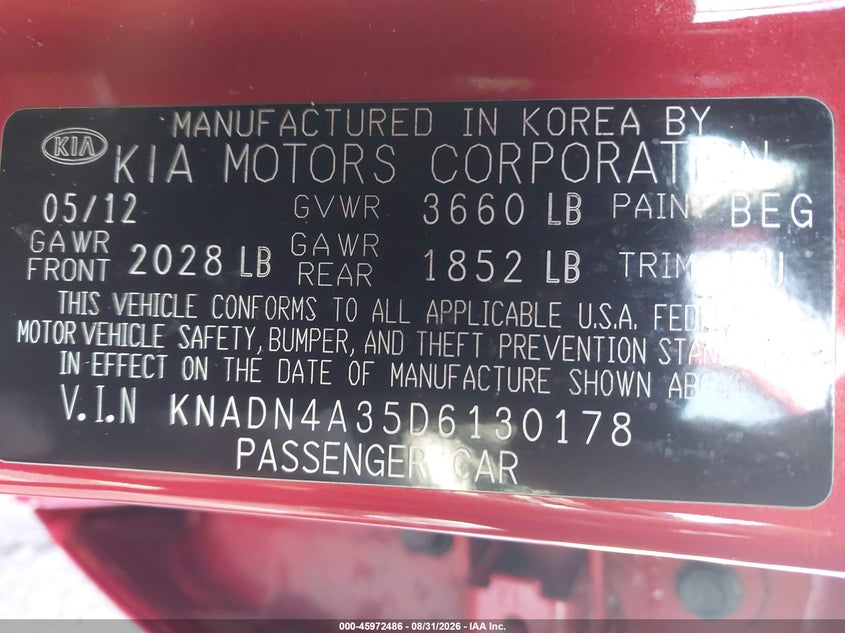 KIA RIO 2013 VIN KNADN4A35D6130178