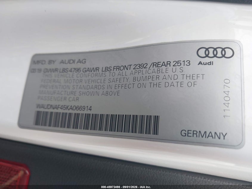 AUDI A4 2019 VIN WAUDNAF45KA066914