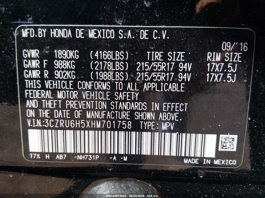 HONDA HR-V 2017 VIN 3CZRU6H5XHM701758